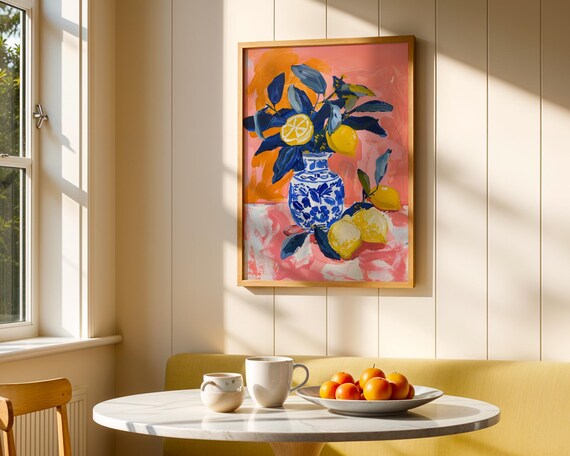 Lemon Branches In Chinoiserie Vase Pink Citrus Matisse Inspired Poster