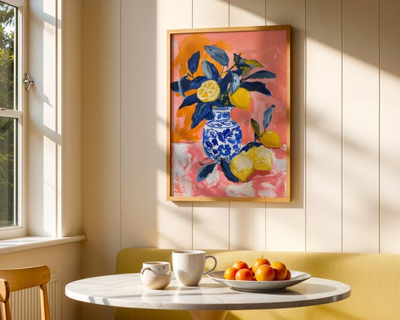 Lemon Still Life Wall Art Colorful Kitchen Poster Print Matisse Inspired Canvas Citrus Fruit Dining Room Artwork