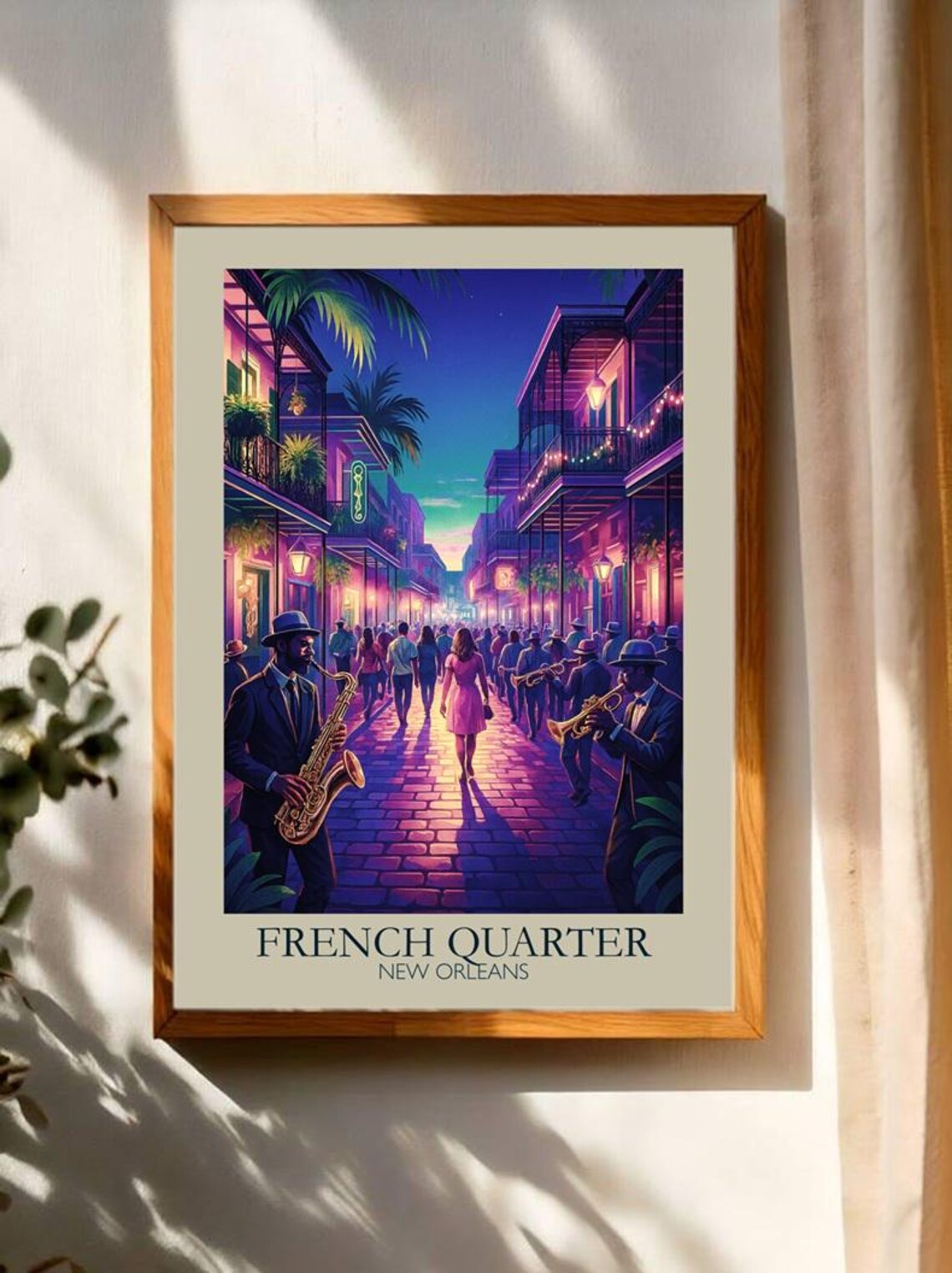 French Quarter New Orleans Jazz Musicians Neon Night Travel Art Poster