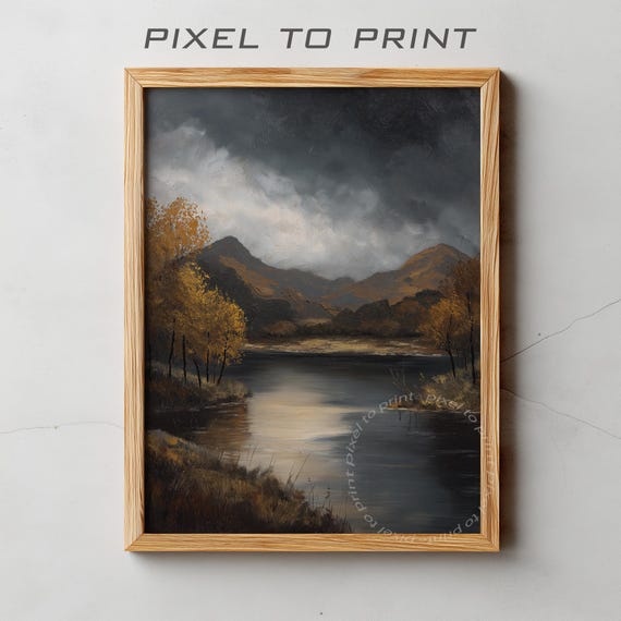 Vintage Autumn Lake Landscape Fall Wall Art Muted Rustic Farmhouse Decor