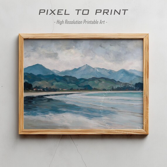 Soft Coastal Landscape Beach Mountains Muted Blue Oil Art Poster