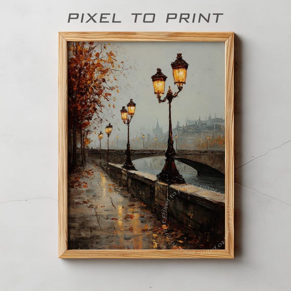 Rainy Autumn Landscape Print Moody Fall Scene Decor Vintage Rustic Farmhouse Style