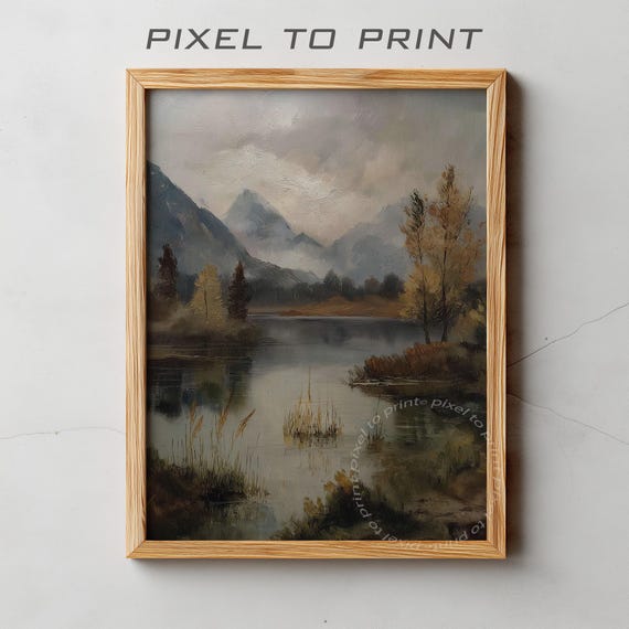 Vintage Autumn Lake Landscape Fall Wall Art Muted Rustic Farmhouse Decor