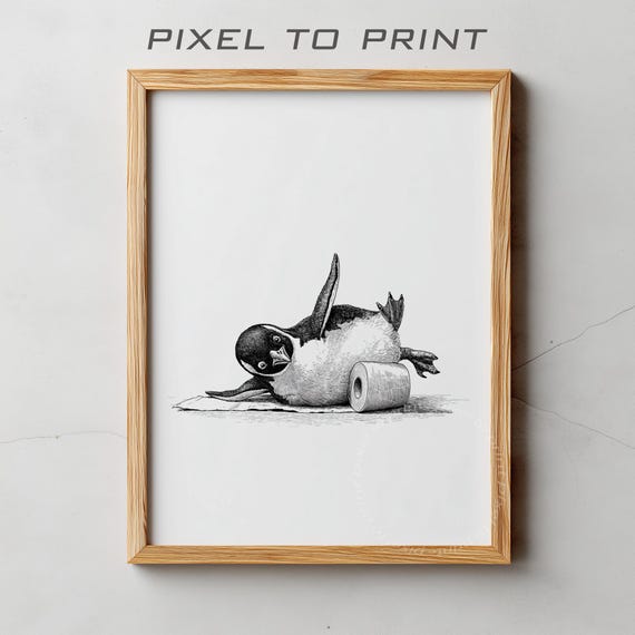 Penguin Falling From A Toilet Paper Bathroom Poster Funny Animal Art