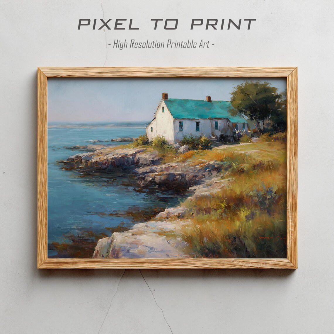 White Cottage Rocky Coast Painting Blue Sea Golden Grass Poster