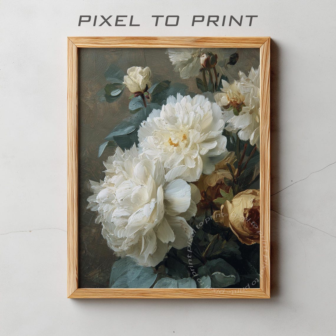 Vintage Moody White Peony Oil Painting Muted Sage Floral Poster