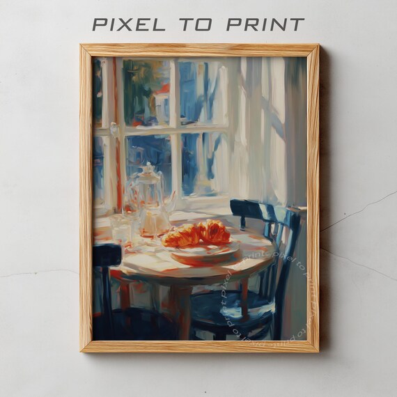 Summer Garden Print Croissant Painting Rustic Kitchen Wall Art Vintage