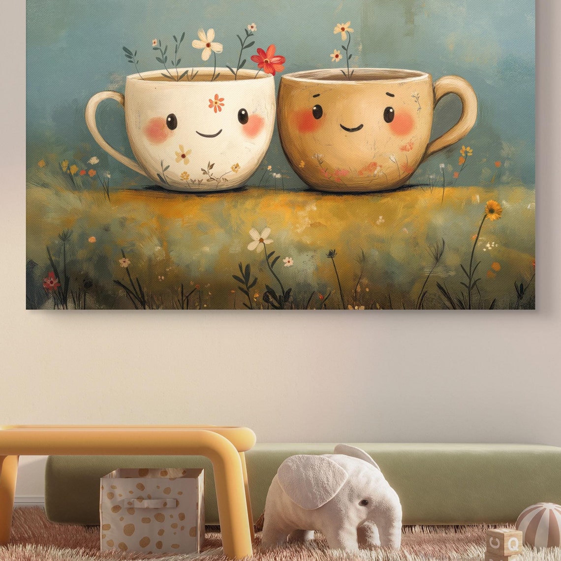 Cute Smiling Coffee Cups Flowers Folk Art Kitchen Cozy Wall Poster - Image 5