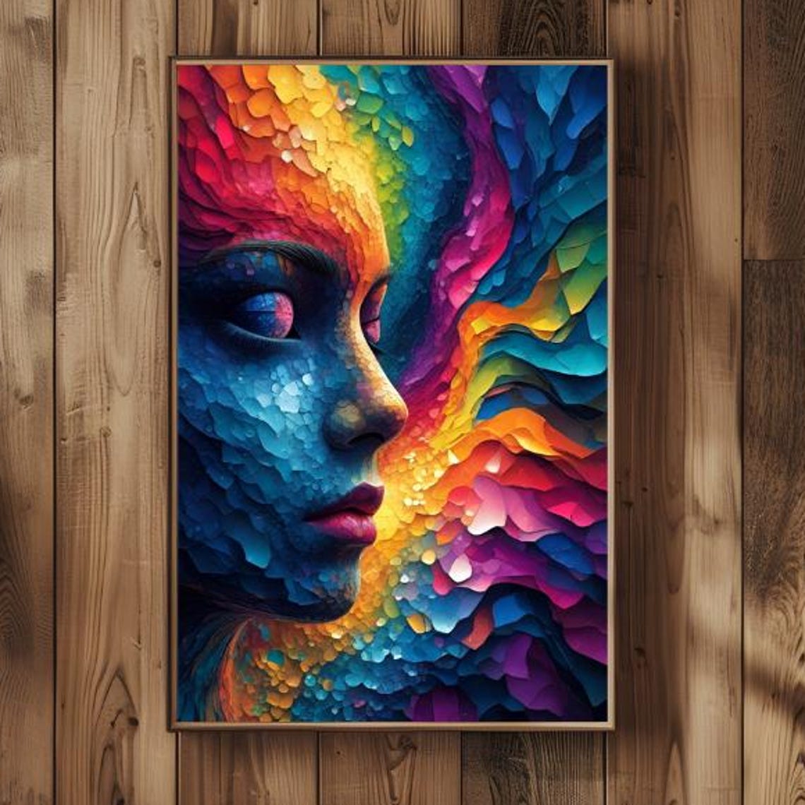 Rainbow Mosaic Profile Face Colourful Textured Abstract Art Print