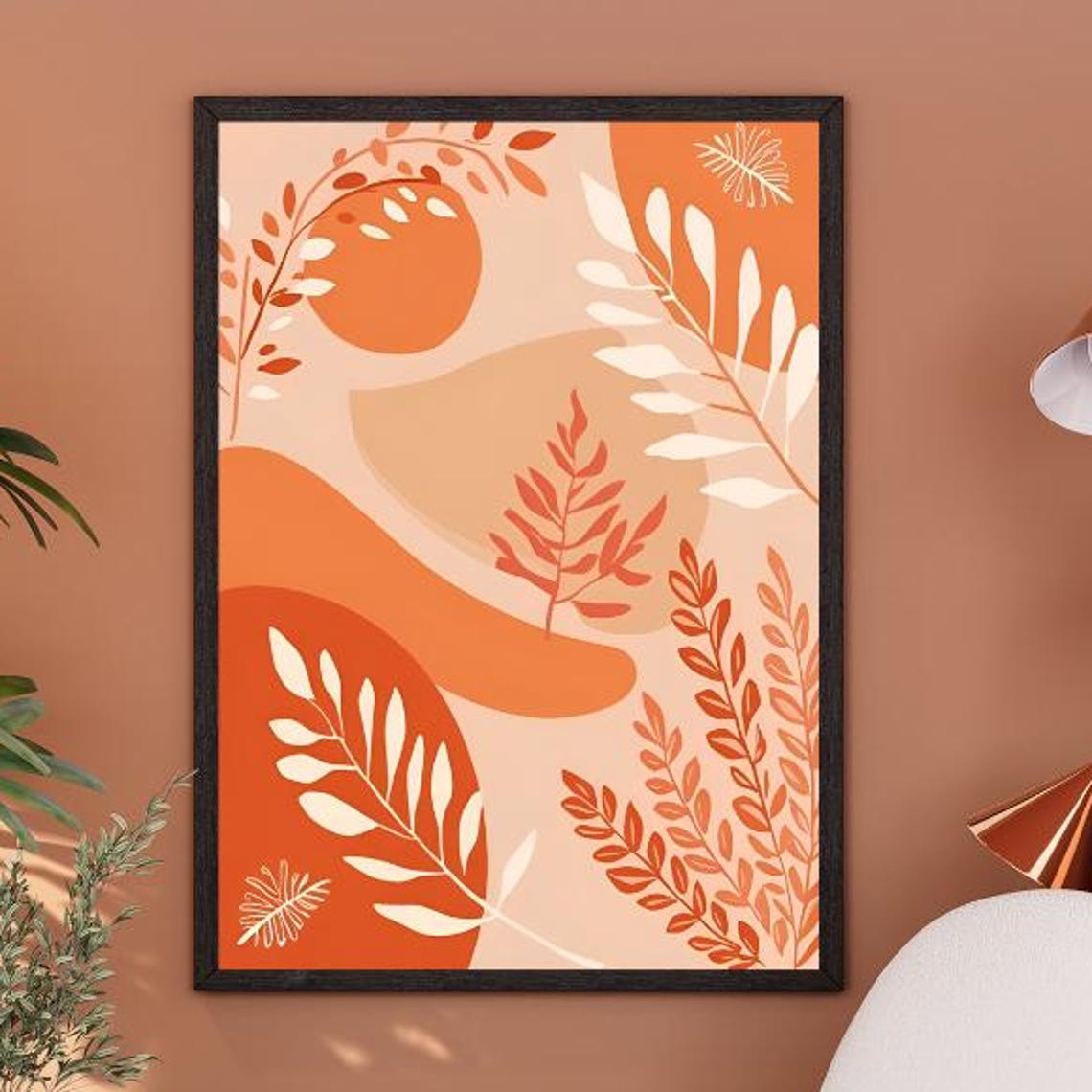 Terracotta Orange Leaves Botanical Pattern Warm Autumn Art Poster