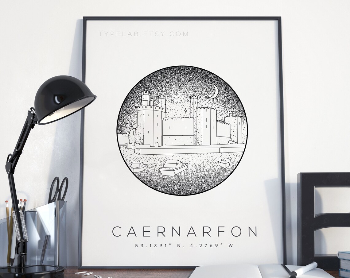 Caernarfon Castle Wales Dotwork Travel Poster