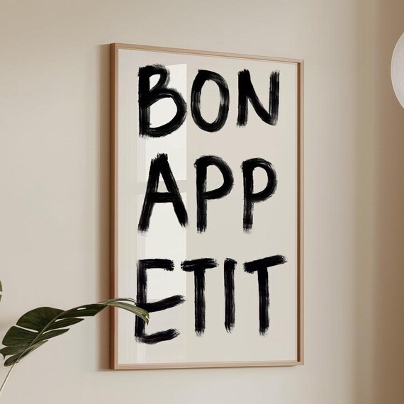 Bon Appetit Poster Mid Century Print Kitchen Wall Art French Quote Minimalistic Sketch Bold Font Typography Decor