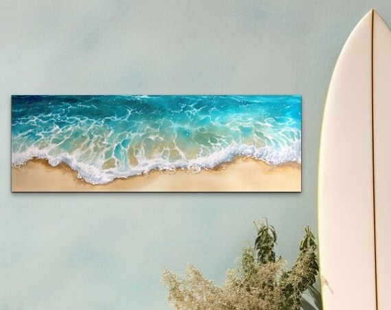 Panoramic Watercolor Ocean Wave Turquoise Beach Shore Wall Art