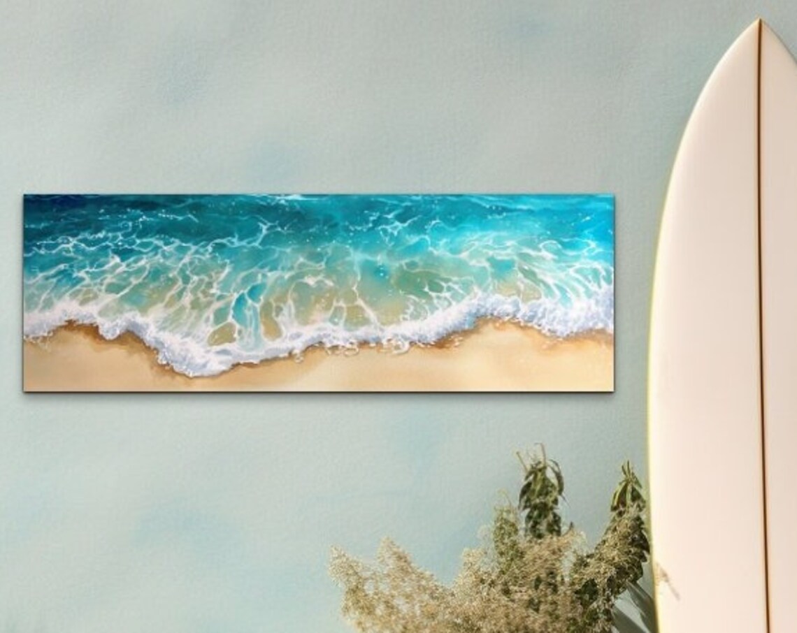 Panoramic Watercolor Ocean Wave Turquoise Beach Shore Wall Art