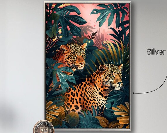 Pair Of Leopards In Lush Tropical Jungle Foliage Sunset Poster