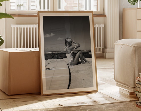 Serene Seaside Moments Black And White Beach Portrait Surfboard Contemplation Coastal Relaxation Photography