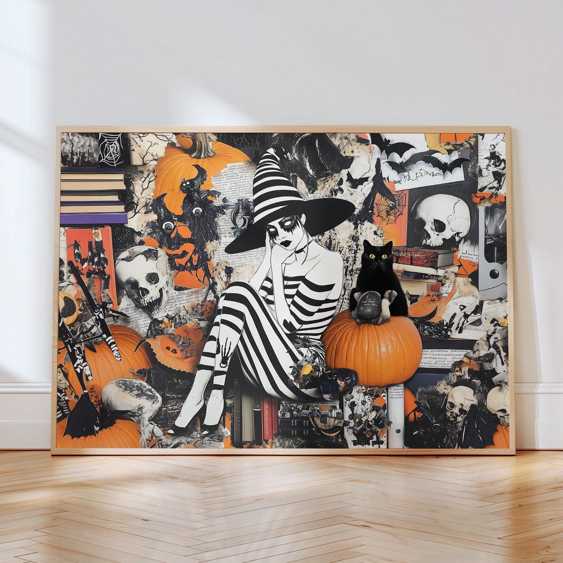 Gothic Halloween Witch Collage With Pumpkins And Skulls Poster