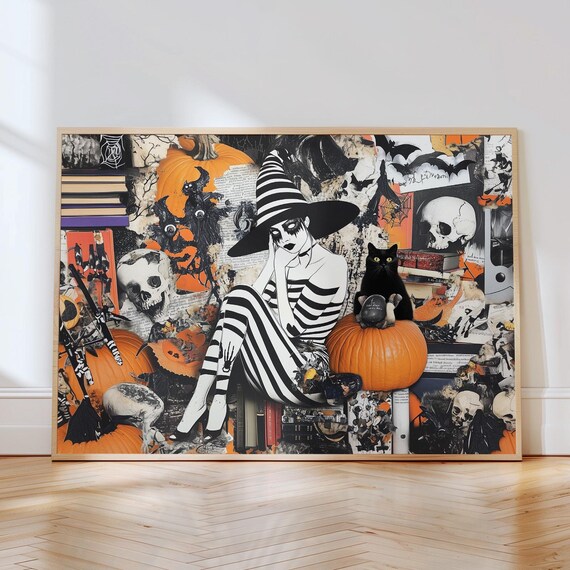 Gothic Halloween Witch Collage With Pumpkins And Skulls Poster