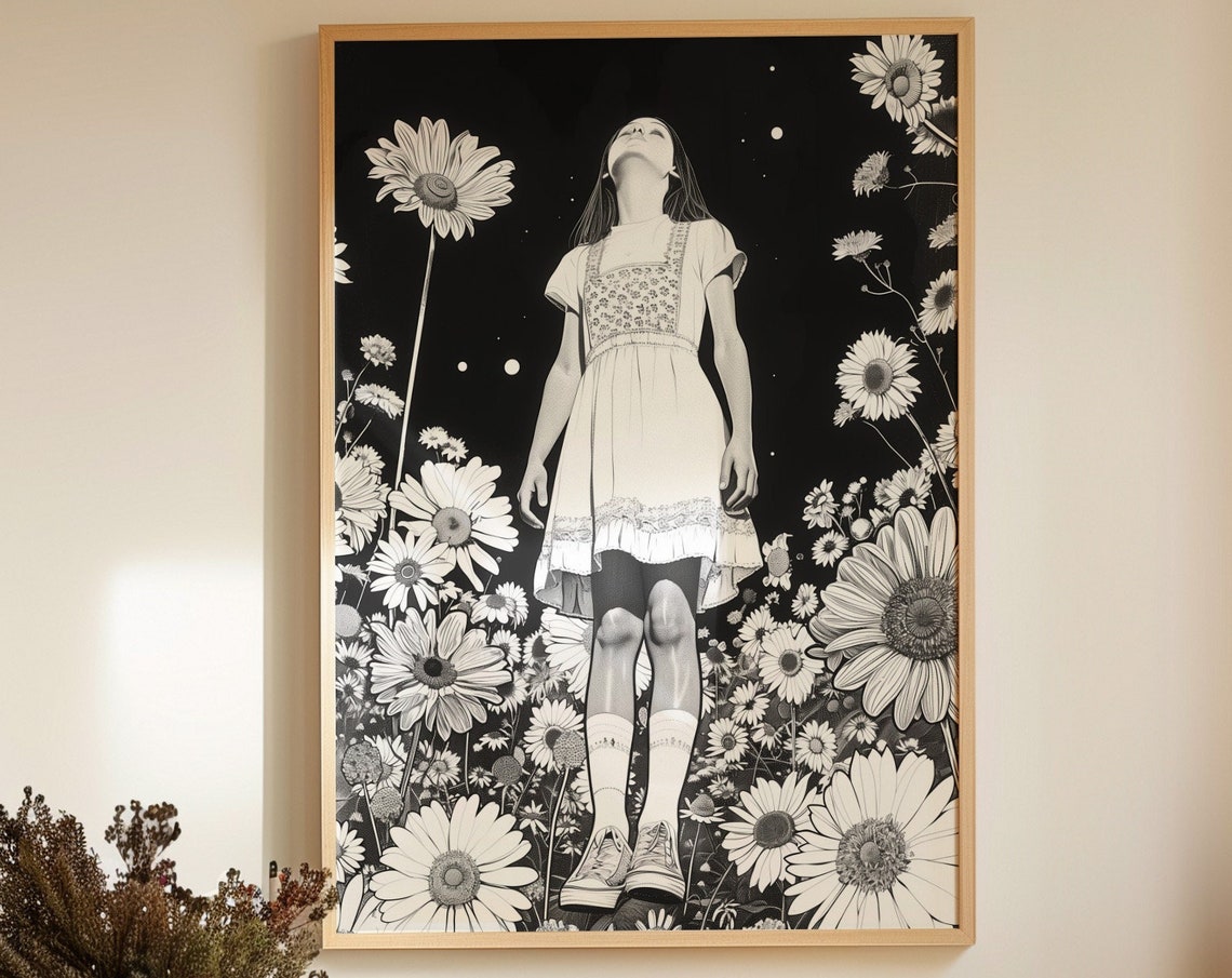 Black And White Flower Girl Among Giant Daisies Illustration Poster - Image 3