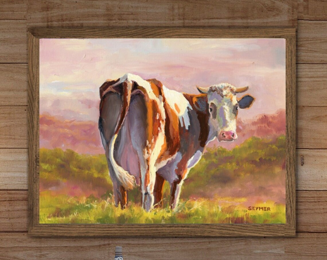 Brown White Cow Looking Back Pasture Sunset Farm Oil Painting Poster - Image 4