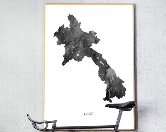 Laos Map Watercolor Travel Poster, Grey Black White