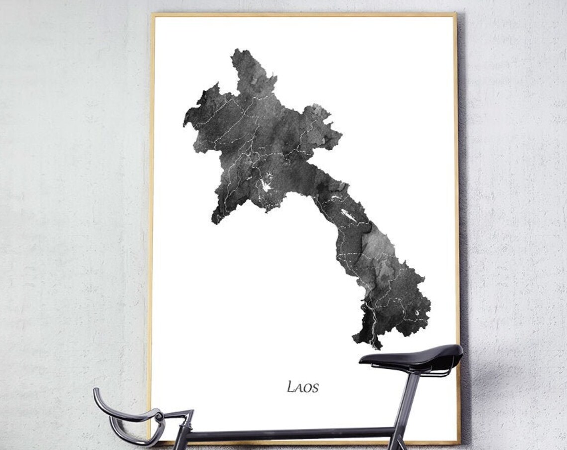 Laos Map Watercolor Travel Poster, Grey Black White