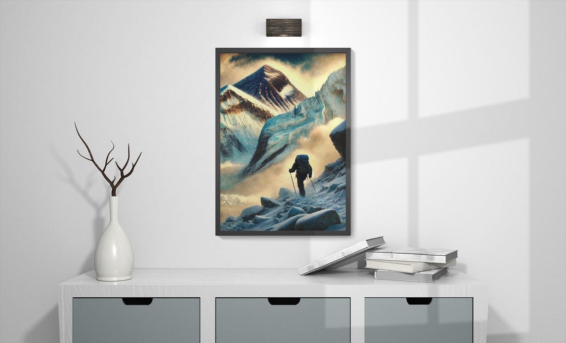 Mount Everest Wall Art Hiking Adventure Print Mountain Climber Snowy Peak Landscape Decor