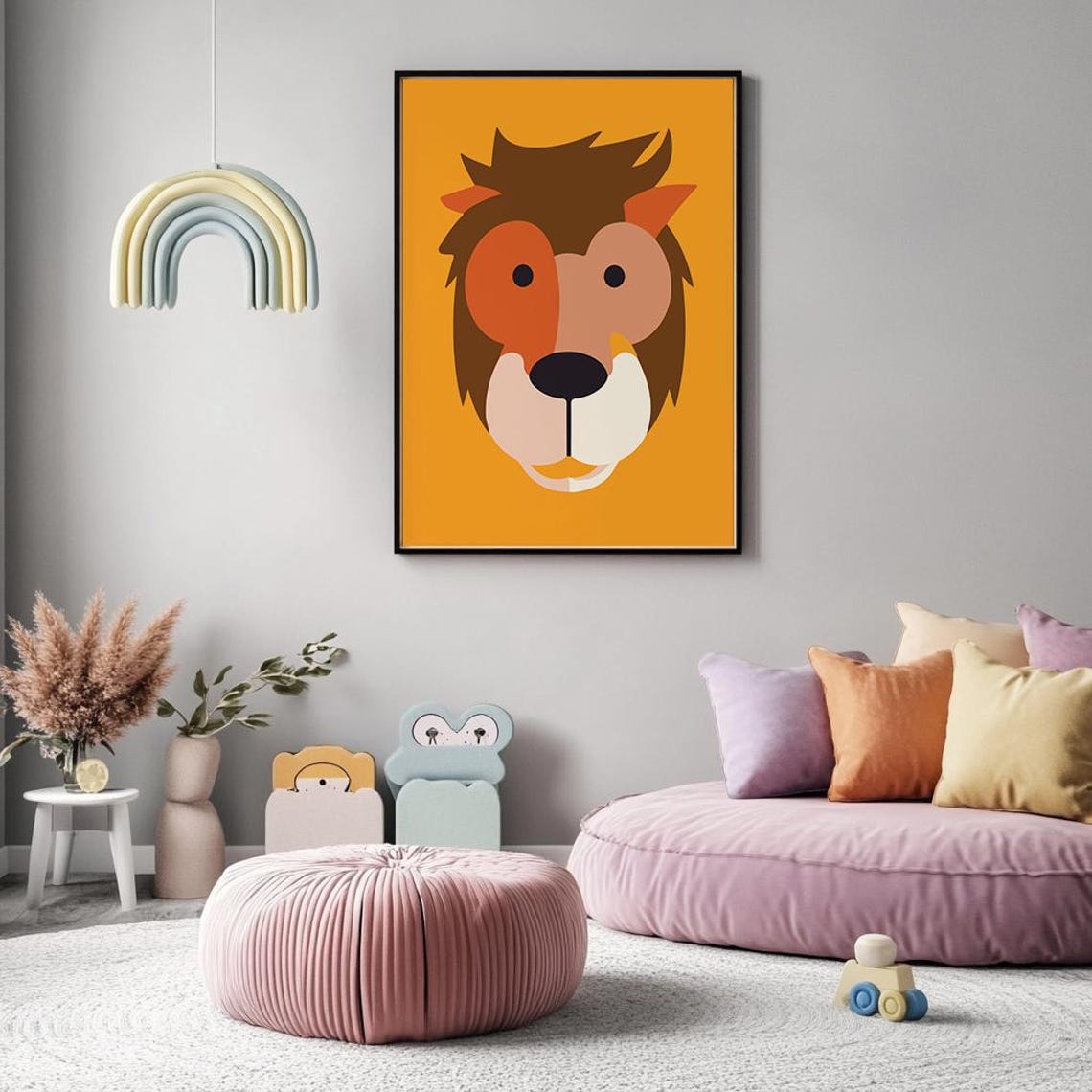 Minimalist Lion Face On Orange Nursery Kids Animal Illustration Poster - Image 4