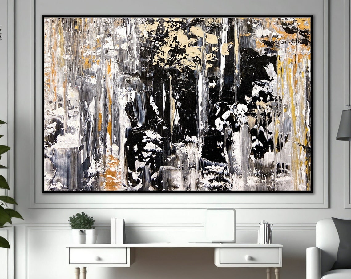 Black White Gold Drip Textured Abstract Painting Dramatic Wall Poster