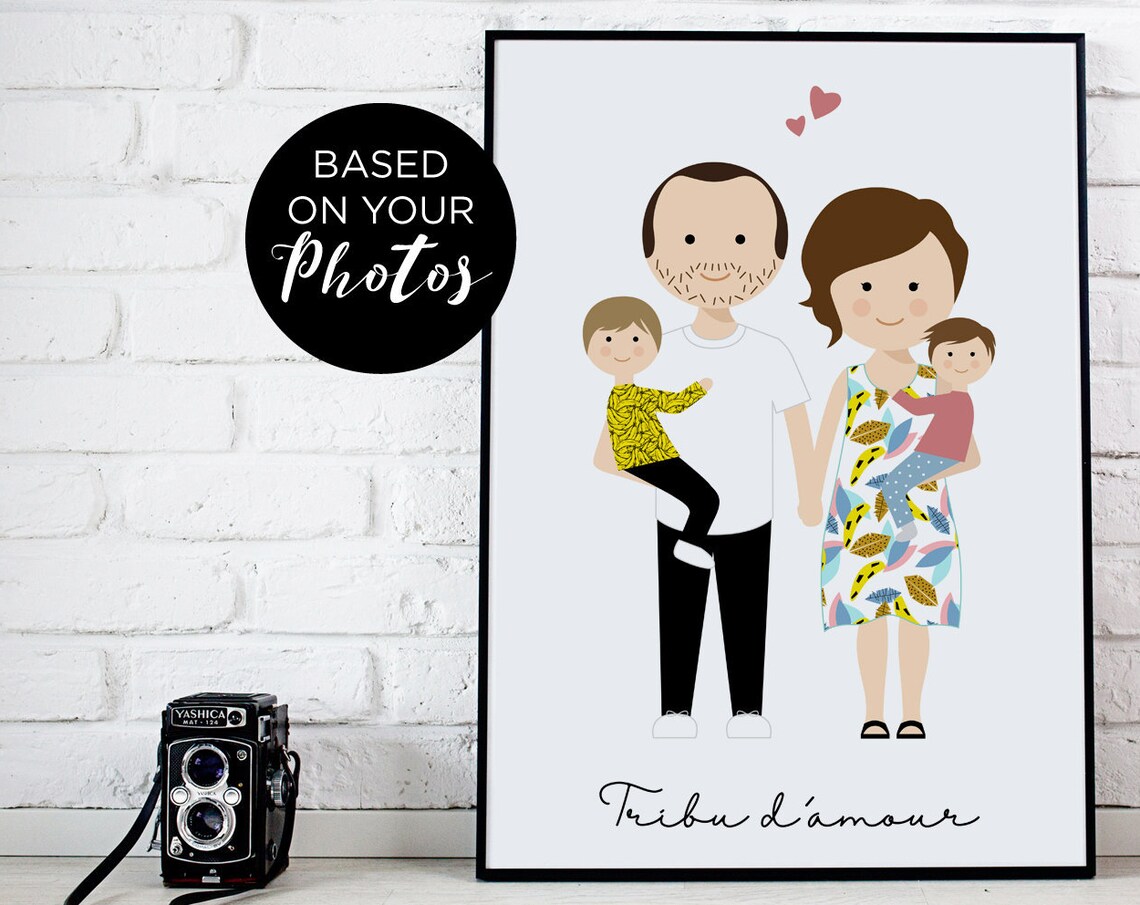 Personalized Tribu d'Amour Family of Four Illustration Portrait Poster