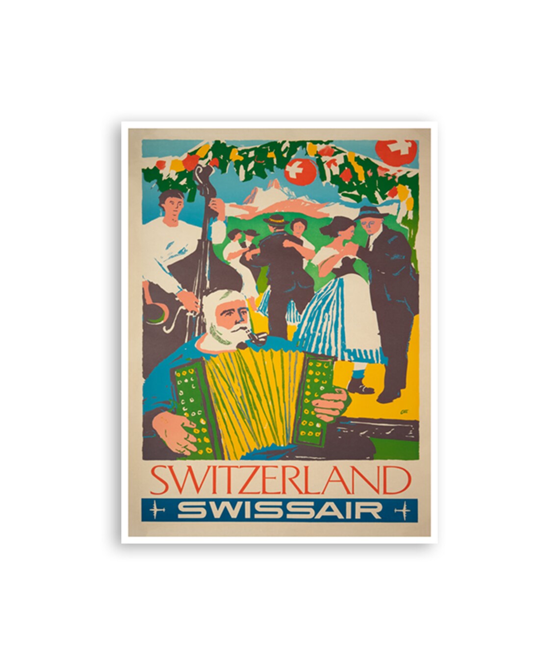 Switzerland Vintage Swissair Folk Dance Accordion Travel Poster