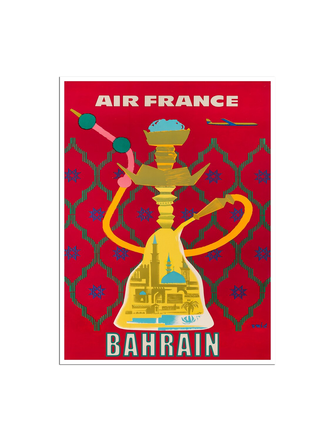 Air France Bahrain Vintage Golden Hookah Middle East Travel Poster