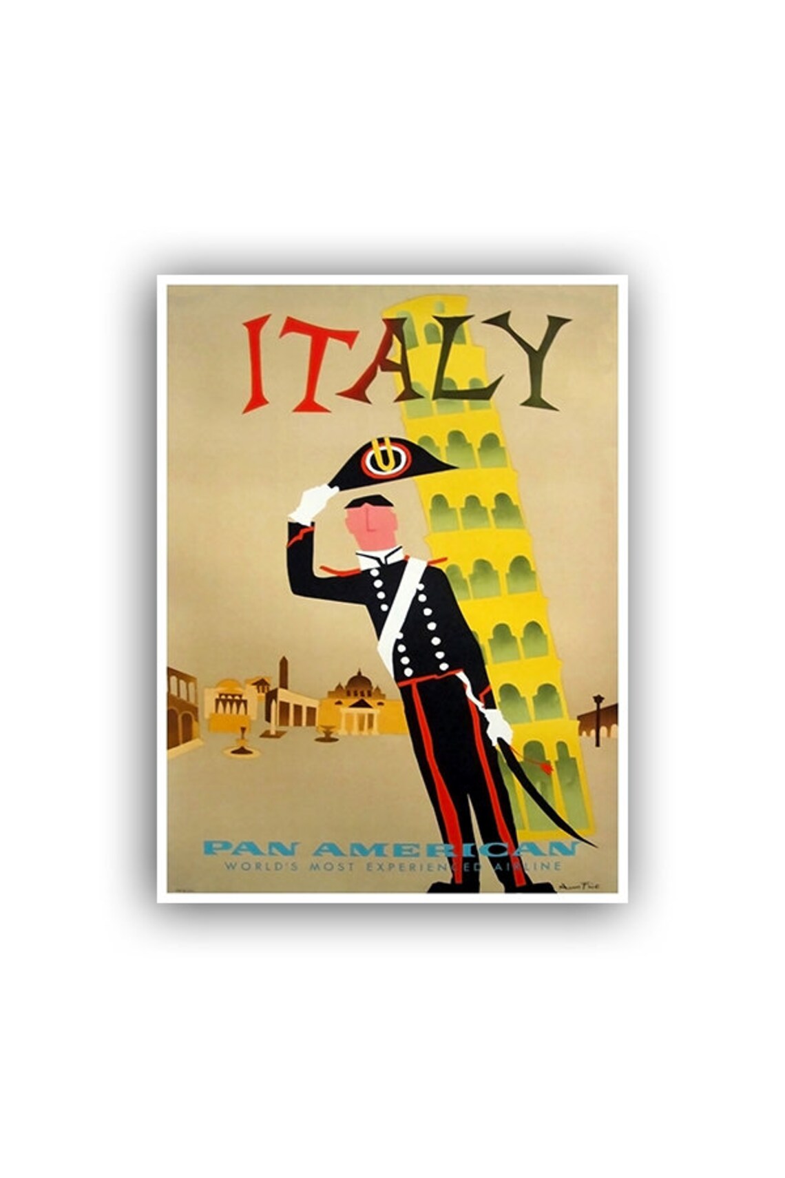 Italy Vintage Travel Poster with Leaning Tower of Pisa and Guard