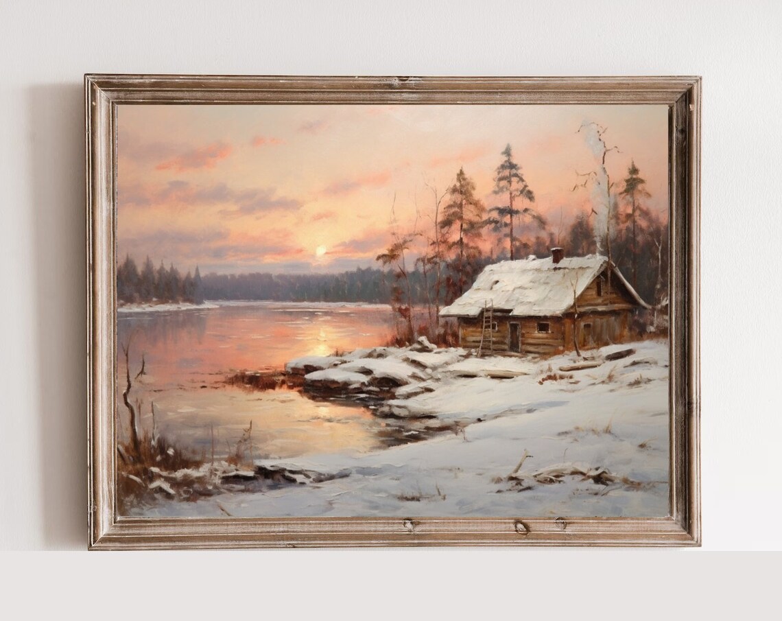 Oil Painting Cottage By The Lake Impressionistic Vintage Moody Winter Painting Lake Print Lake House Decor Print