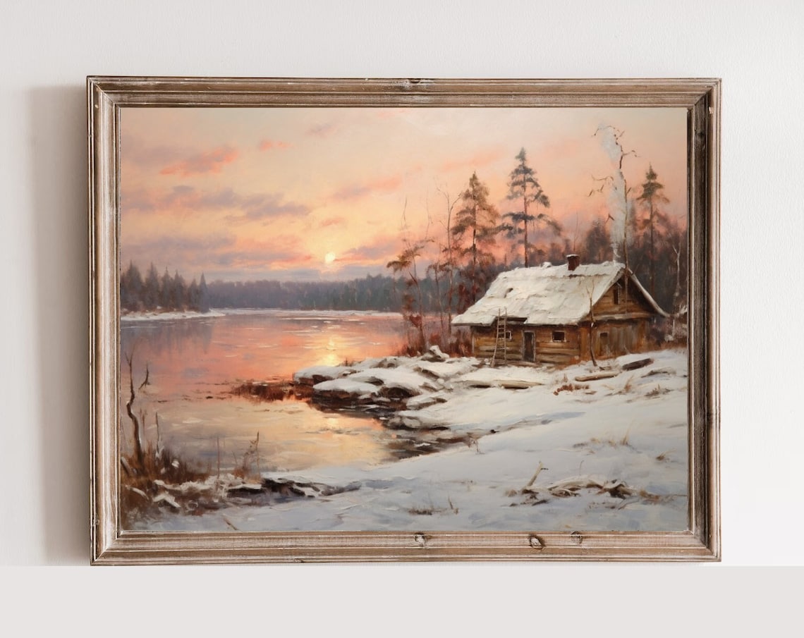Winter Lake Cabin Sunset Snowy Lakeshore Oil Painting Poster