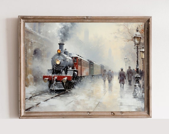 Vintage Winter Landscape Print Moody Scene Antique Large Snowy Railroad Wall Art Home Decor Train Painting Christmas Gift