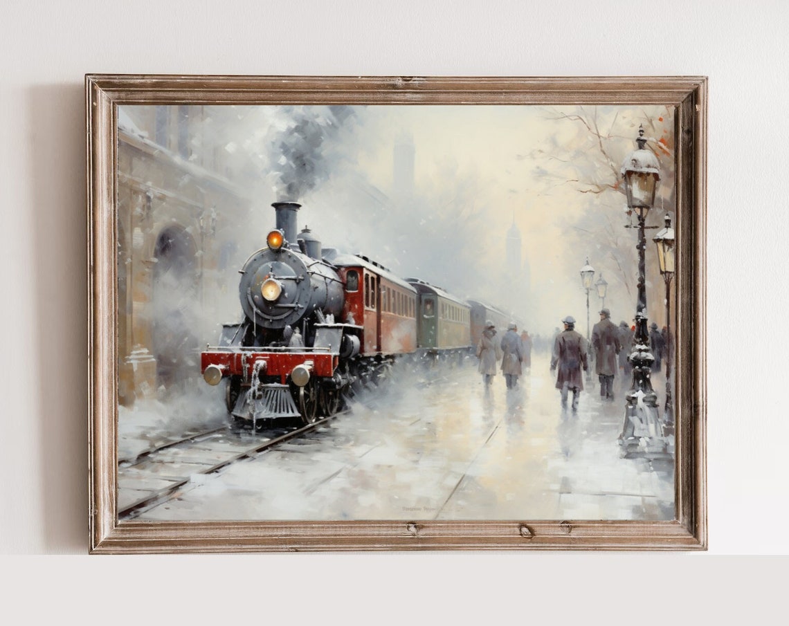 Vintage Steam Train Snowy Station Winter Railroad Painting Poster