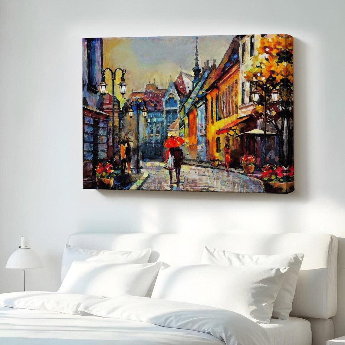 Rainy European Old Town Street Red Umbrella Oil Painting Poster