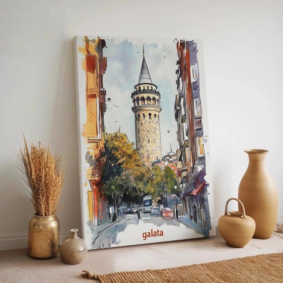 Galata Tower Istanbul Watercolor Street Poster Historic Old Town Landmark Art Decor