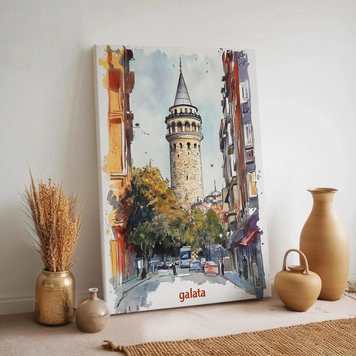 Galata Tower Istanbul Watercolor Street Poster Historic Old Town Landmark Art Decor