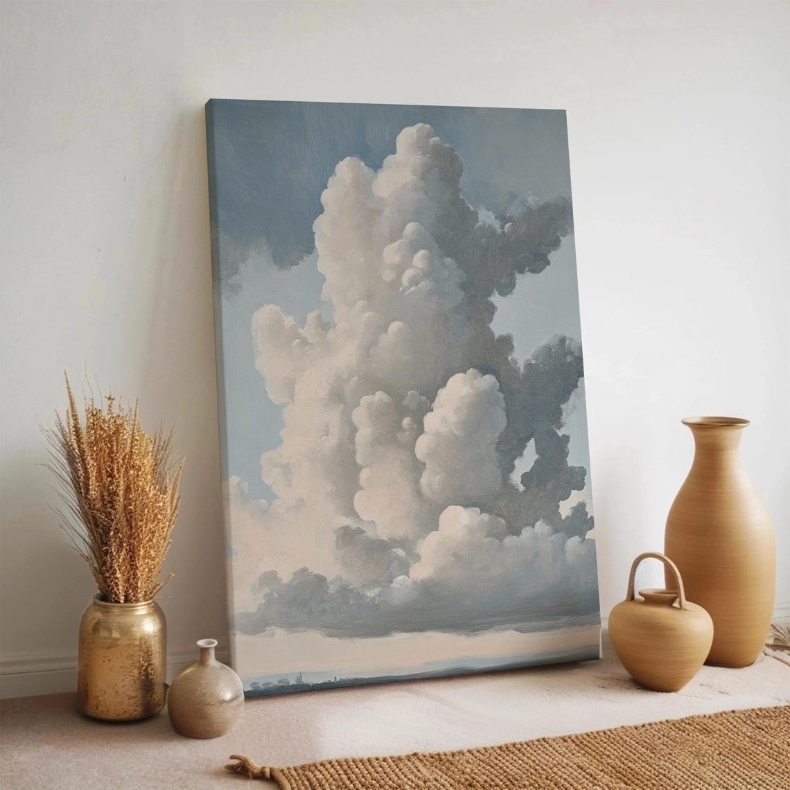 Towering Clouds Canvas Wall Art Minimalist Sky Landscape Dreamy Cloud Scene Print Calm Blue White Decor Framed Airy Atmosphere Artwork