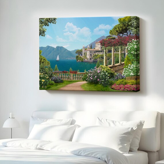 Italian Waterfront Villa Gardens Pergola Sailboat Landscape Poster