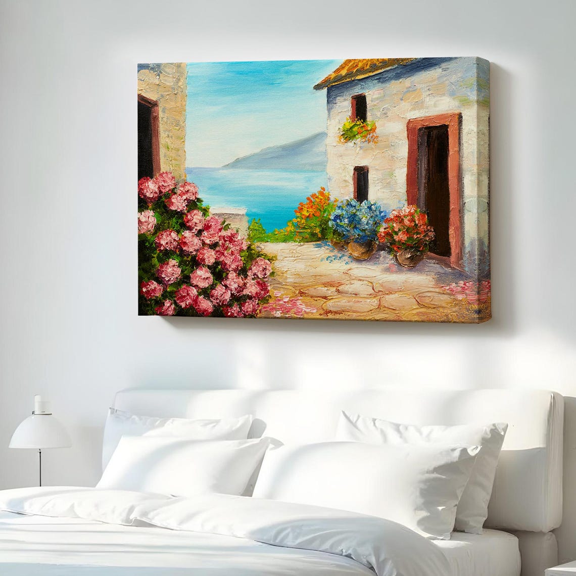 Mediterranean Coastal Villa Floral Seascape Painted Canvas Print