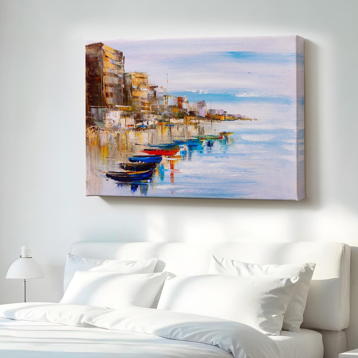 Mykonos Harbor Boats Seaside Town Watercolor Painting Poster Gift