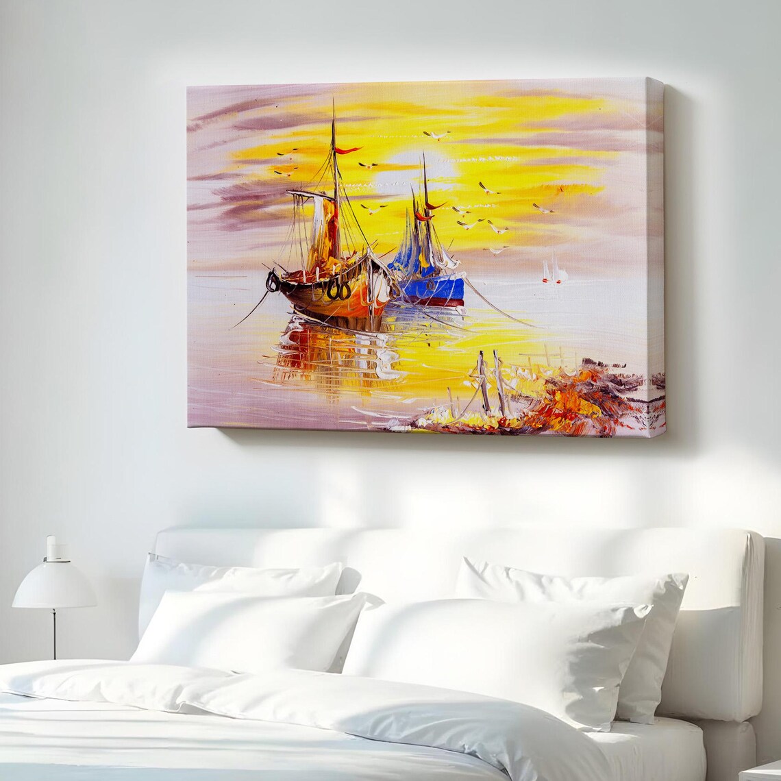 Sailboats Golden Sunset Harbor Oil Painting Style Art Poster