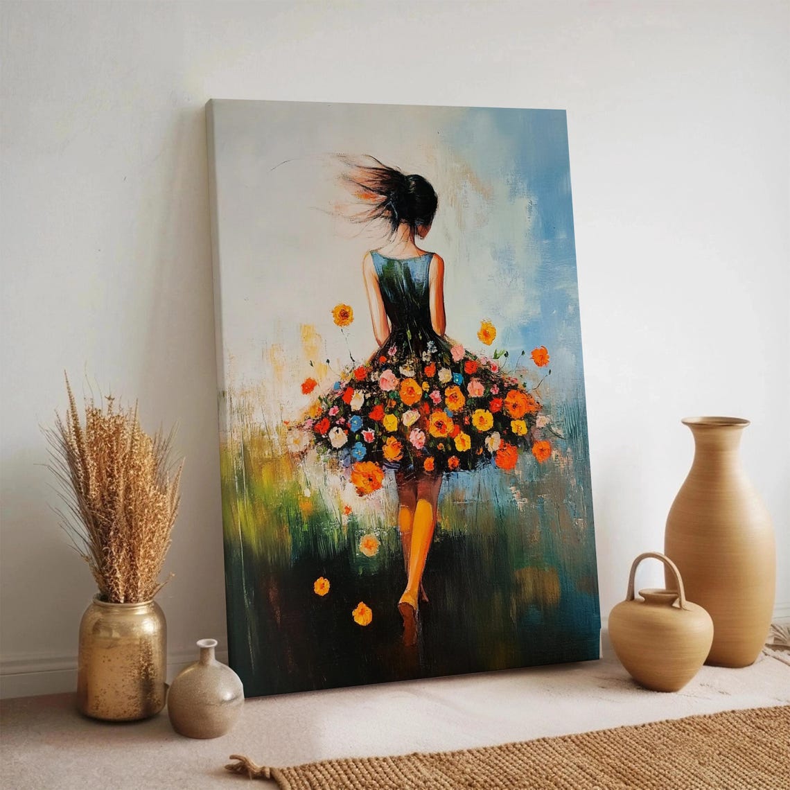 Floral Dress Girl Canvas Wall Art Romantic Framed Painting Colorful Woman Walking Print Feminine Bedroom Living Room Home Decor