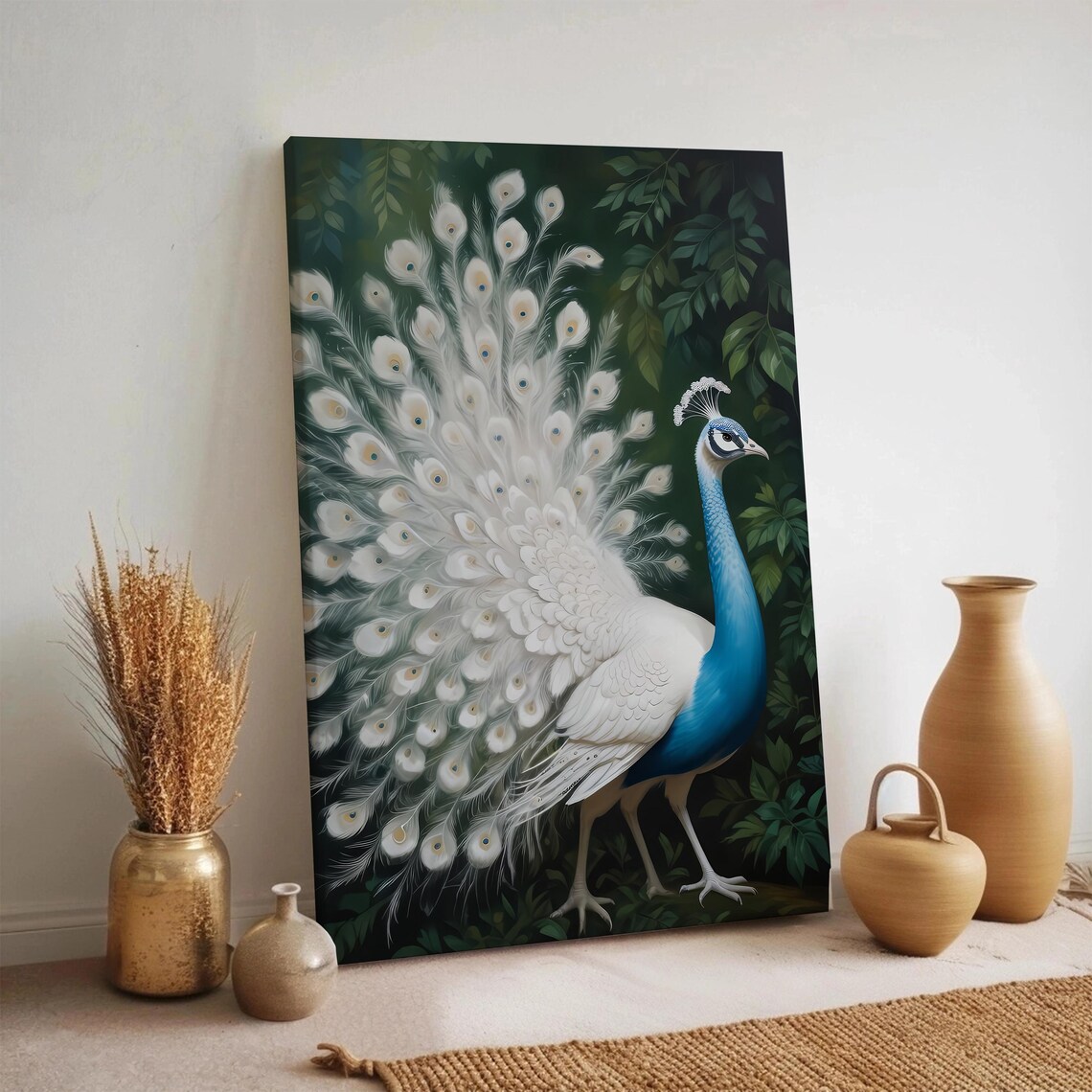White Peacock with Blue Neck Among Dark Green Jungle Foliage Poster