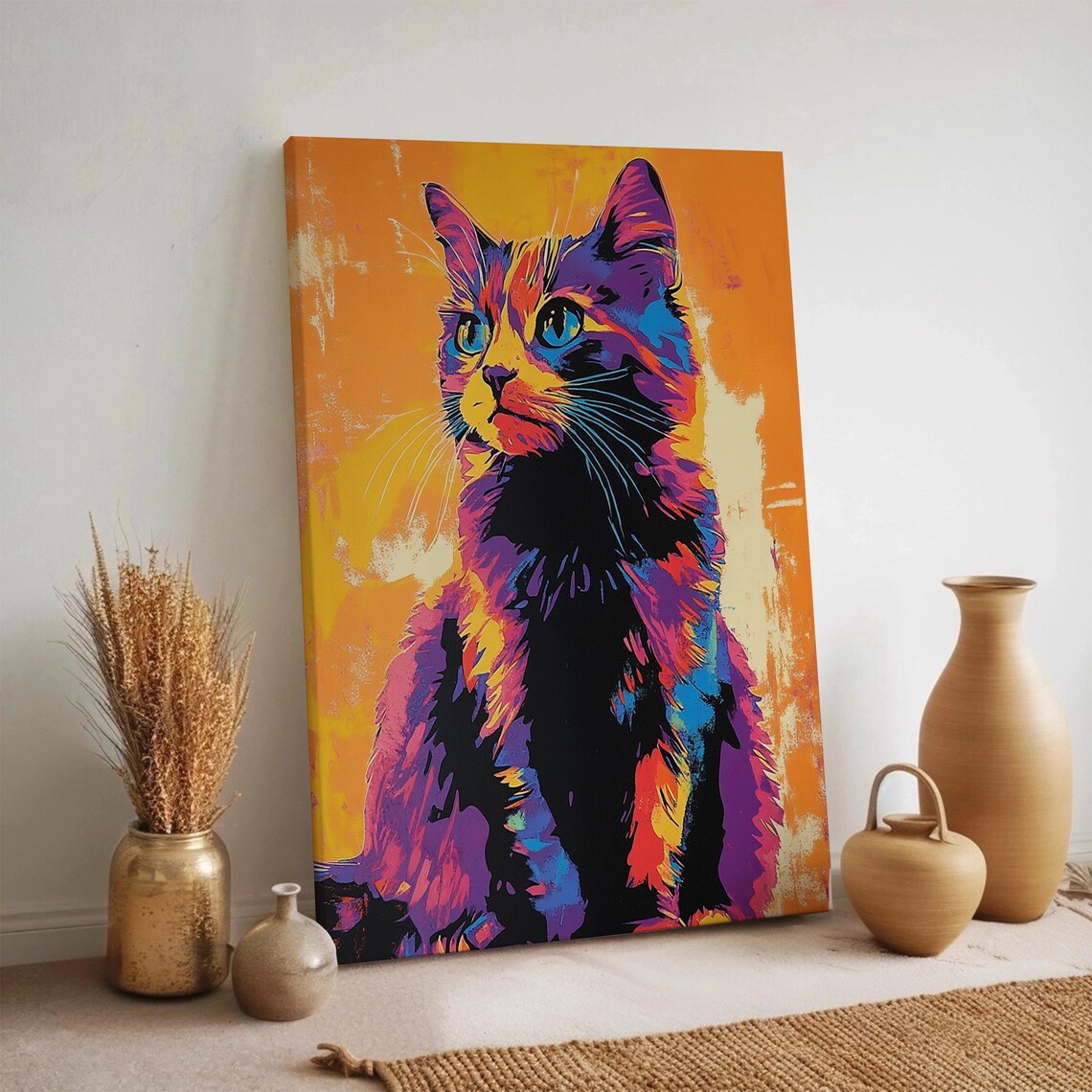 Pop Art Kitten Portrait Neon Colorful Cat Sitting Modern Pet Poster
