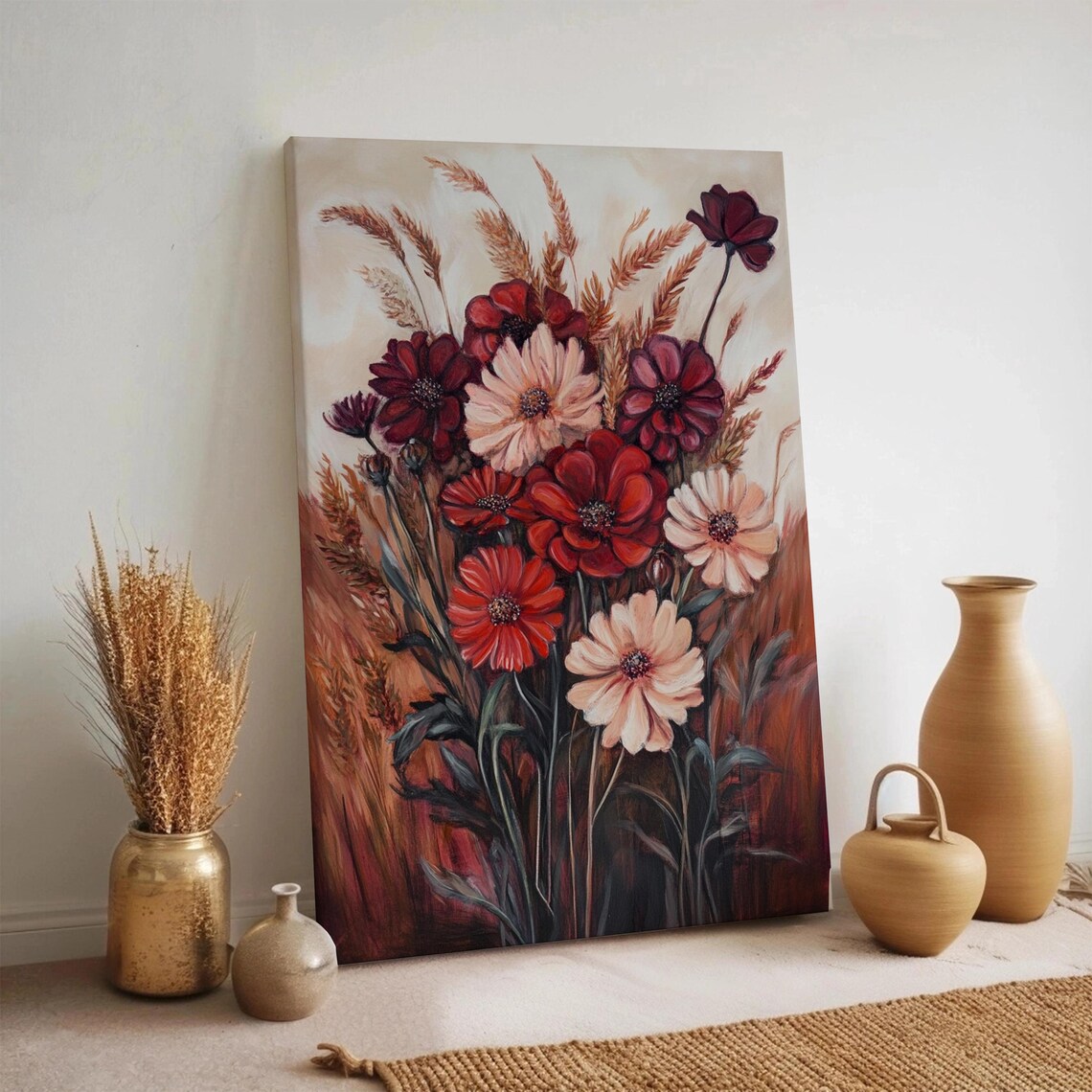 Rustic Red Autumn Bouquet Floral Canvas Painting Warm Fall Flower Poster