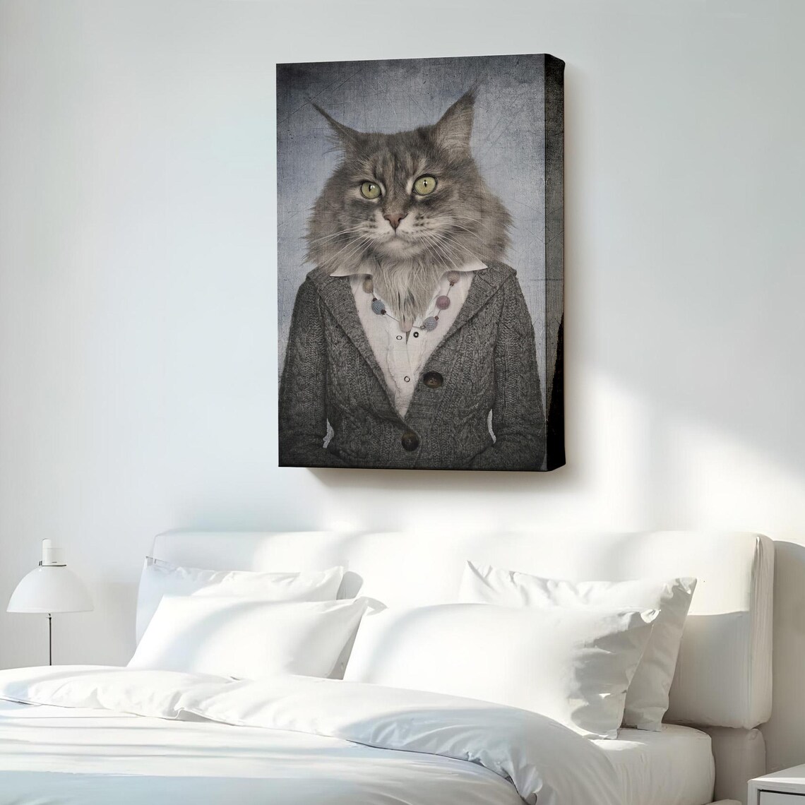 Gray Cat Portrait in Cardigan Surreal Whimsical Animal Canvas Art Poster